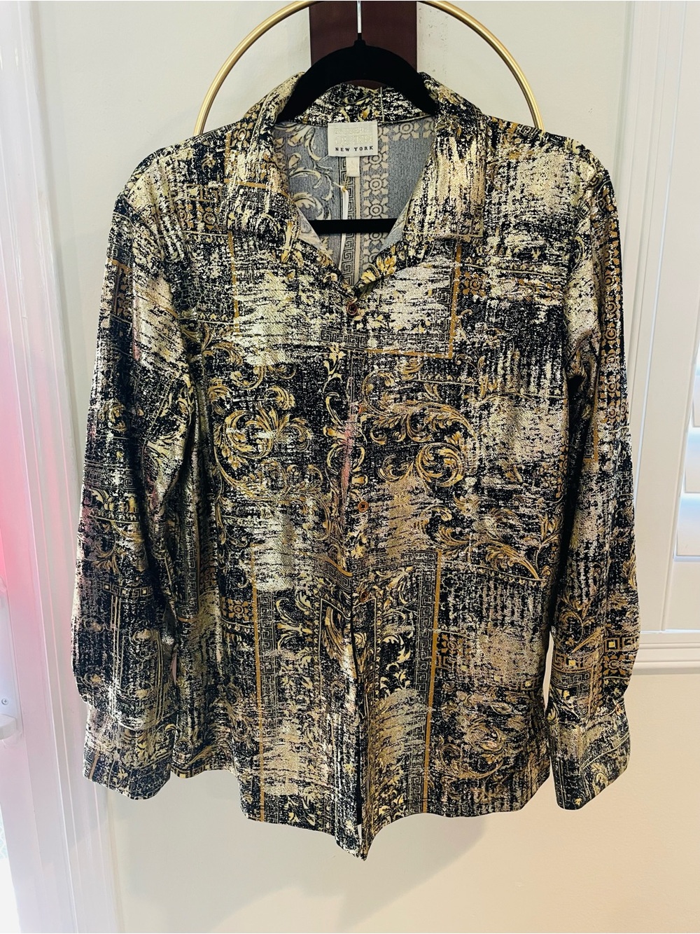 Black & Gold Patterned Button-Up Blouse